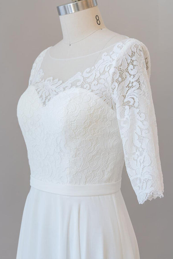 Vestido de Noiva Longo em Chiffon com Renda e Mangas, Corte em A, Elegante