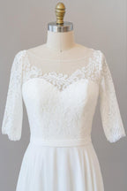 Vestido de Noiva Longo em Chiffon com Renda e Mangas, Corte em A, Elegante