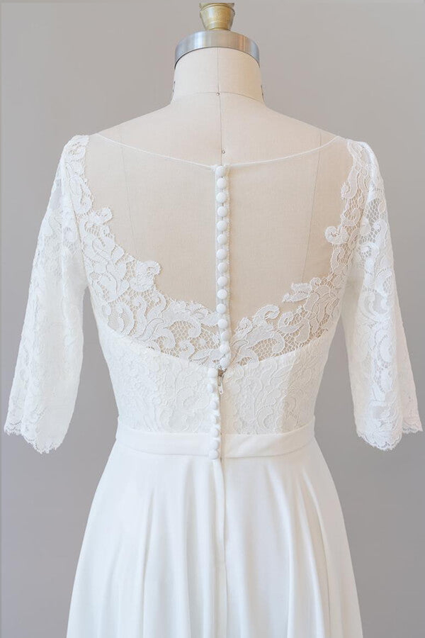 Vestido de Noiva Longo em Chiffon com Renda e Mangas, Corte em A, Elegante
