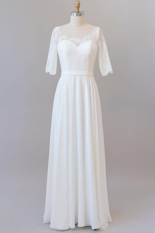 Vestido de Noiva Longo em Chiffon com Renda e Mangas, Corte em A, Elegante