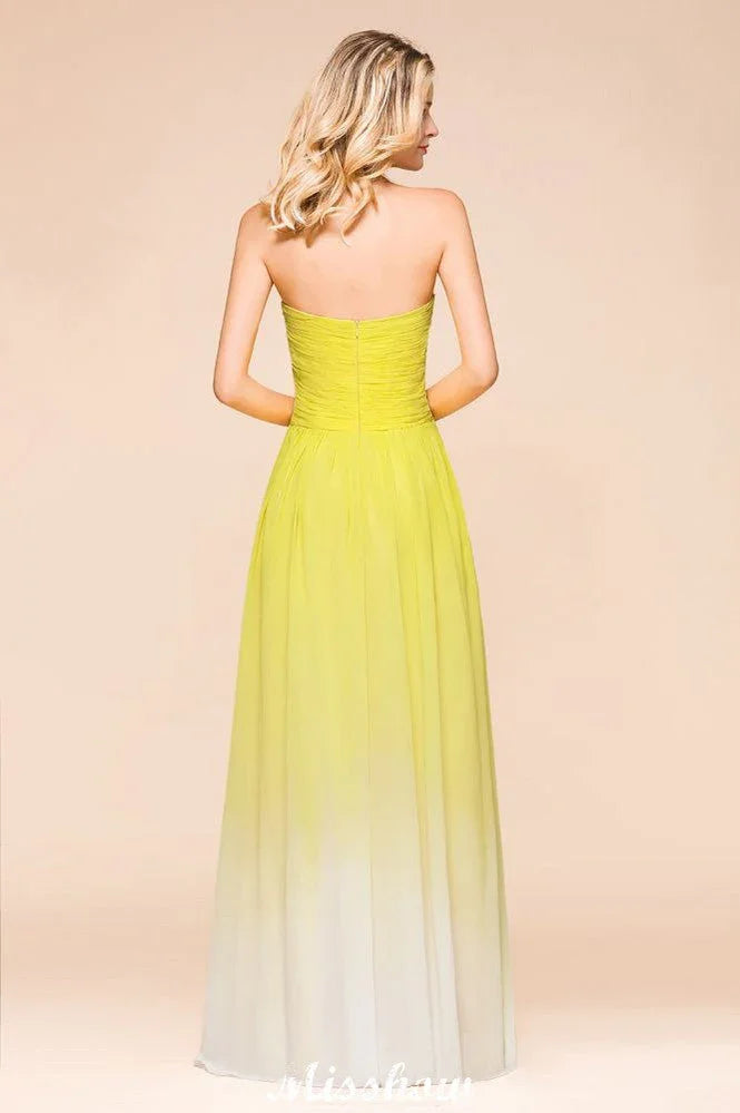 Vestido de Dama de Honra Comprido com Decote Coração em Degradé de Chiffon para Festa de Casamento
