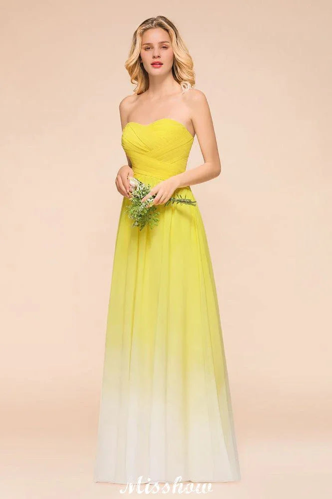 Vestido de Dama de Honra Comprido com Decote Coração em Degradé de Chiffon para Festa de Casamento