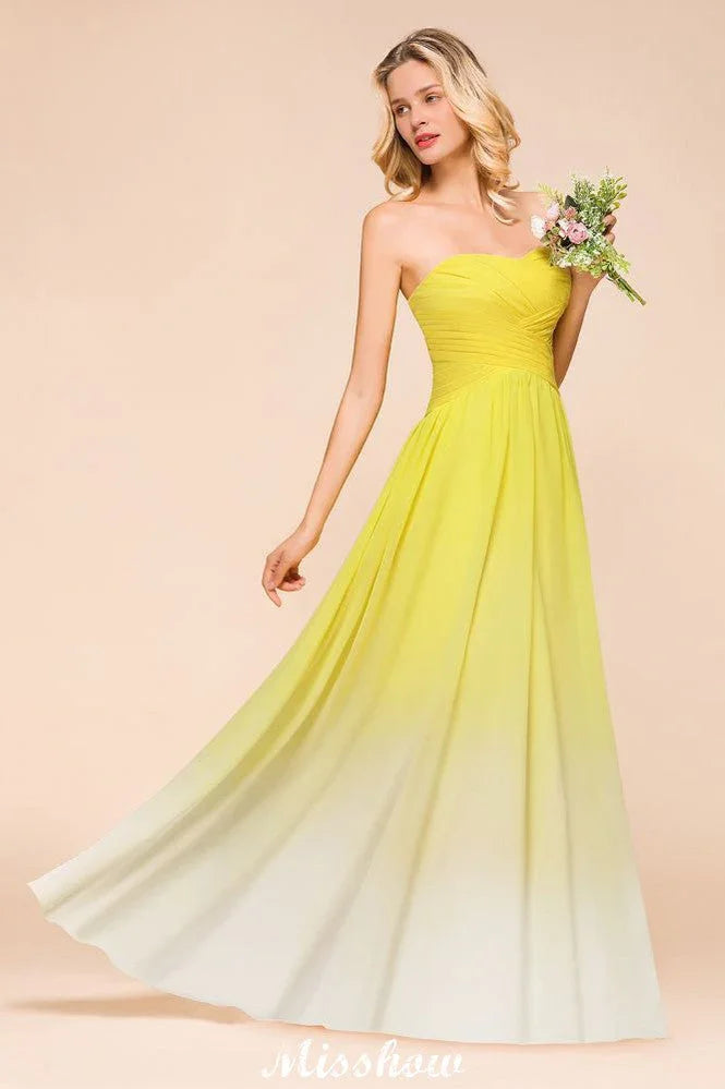 Vestido de Dama de Honra Comprido com Decote Coração em Degradé de Chiffon para Festa de Casamento