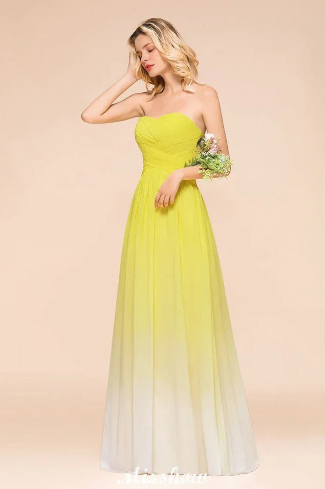 Vestido de Dama de Honra Comprido com Decote Coração em Degradé de Chiffon para Festa de Casamento