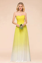 Vestido de Dama de Honra Comprido com Decote Coração em Degradé de Chiffon para Festa de Casamento