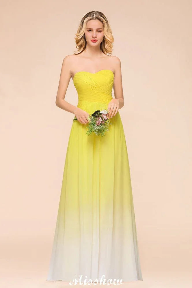 Vestido de Dama de Honra Comprido com Decote Coração em Degradé de Chiffon para Festa de Casamento