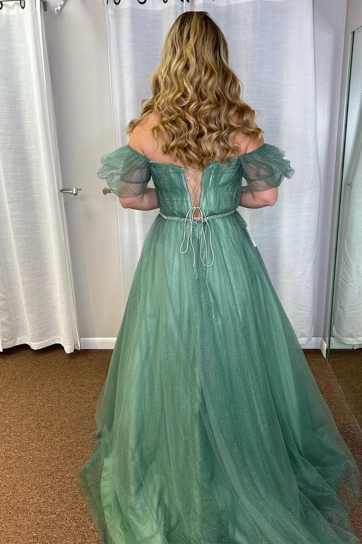 Sea Glass Tulle A-line V Neckline Off-Shoulder Long Prom Dress