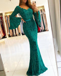 Robes longues de bal à manches en dentelle cœur sirène verte