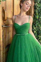 Vestido de Baile Verde com Alças Finas, Corte em A, Comprimento até ao Tornozelo e Sem Mangas