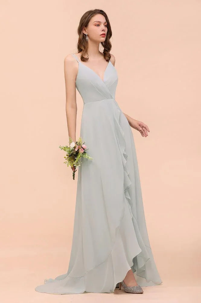Vestido Cinzento para Dama de Honra com Alças Finas, Decote em V e Folhos, Vestido para Festa de Casamento na Praia