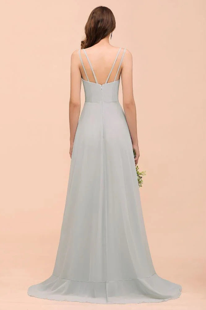 Vestido Cinzento para Dama de Honra com Alças Finas, Decote em V e Folhos, Vestido para Festa de Casamento na Praia