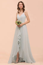 Vestido Cinzento para Dama de Honra com Alças Finas, Decote em V e Folhos, Vestido para Festa de Casamento na Praia