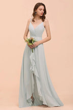 Vestido Cinzento para Dama de Honra com Alças Finas, Decote em V e Folhos, Vestido para Festa de Casamento na Praia