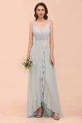 Vestido Cinzento para Dama de Honra com Alças Finas, Decote em V e Folhos, Vestido para Festa de Casamento na Praia