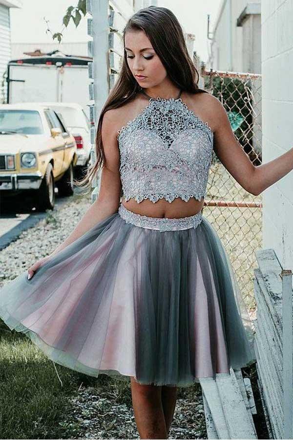 Vestido gris corto de dos piezas con cuello halter y encaje para fiesta de bienvenida