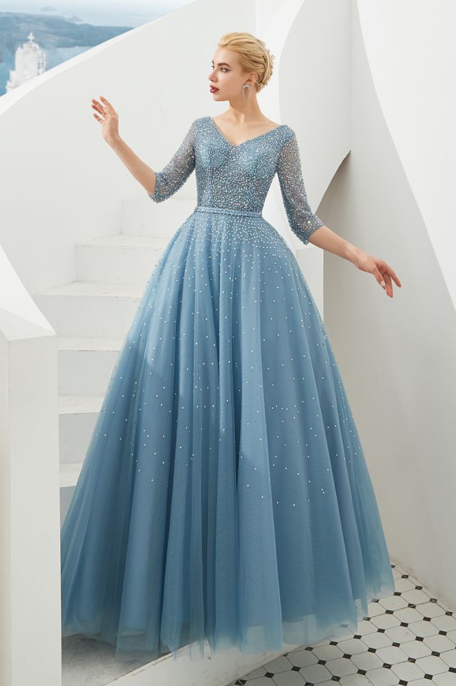 Robe de soirée longue en tulle à manches mi-longues, coupe évasée, col en V, ornée de perles, robe de bal