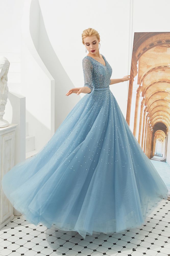 Robe de soirée longue en tulle à manches mi-longues, coupe évasée, col en V, ornée de perles, robe de bal