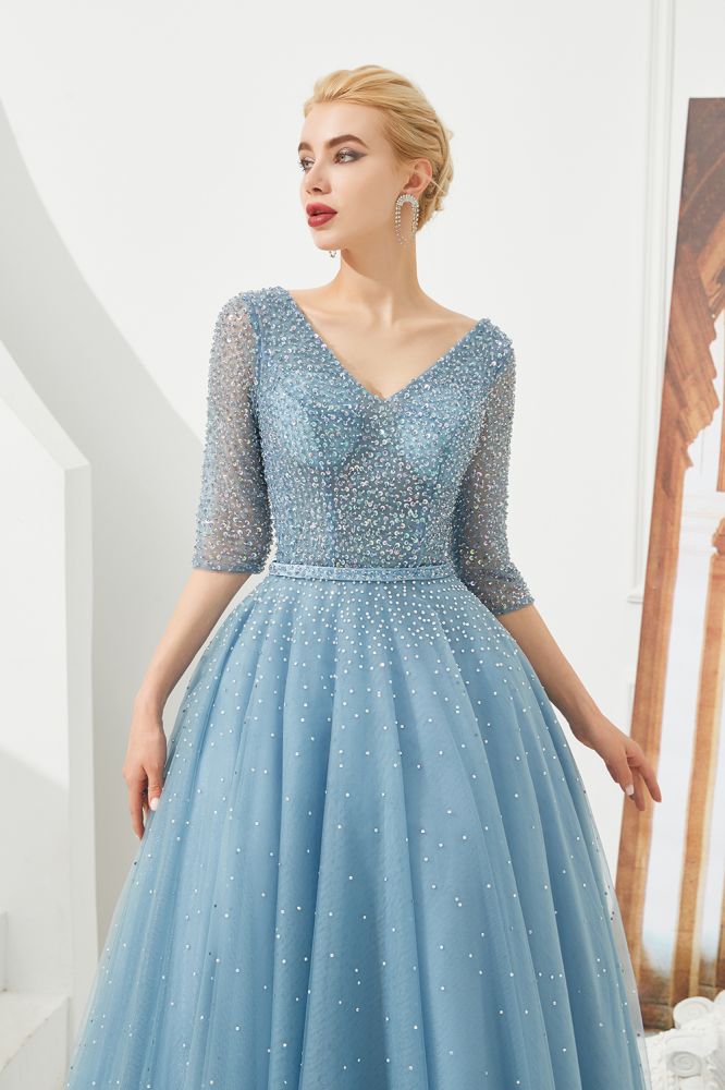 Robe de soirée longue en tulle à manches mi-longues, coupe évasée, col en V, ornée de perles, robe de bal