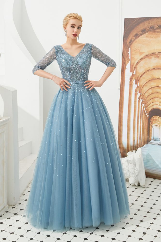 Robe de soirée longue en tulle à manches mi-longues, coupe évasée, col en V, ornée de perles, robe de bal