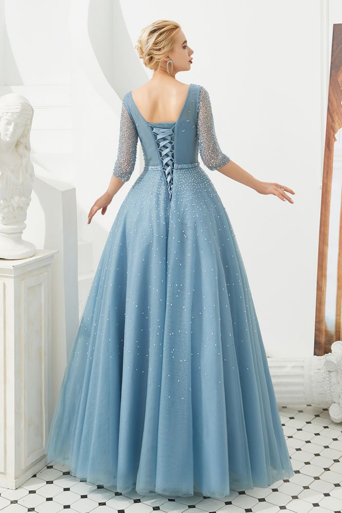 Robe de soirée longue en tulle à manches mi-longues, coupe évasée, col en V, ornée de perles, robe de bal