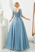 Robe de soirée longue en tulle à manches mi-longues, coupe évasée, col en V, ornée de perles, robe de bal