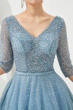 Robe de soirée longue en tulle à manches mi-longues, coupe évasée, col en V, ornée de perles, robe de bal