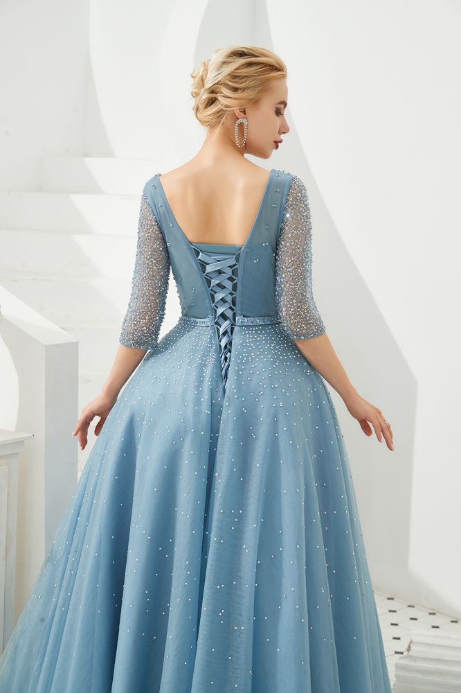 Robe de soirée longue en tulle à manches mi-longues, coupe évasée, col en V, ornée de perles, robe de bal