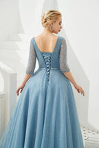 Robe de soirée longue en tulle à manches mi-longues, coupe évasée, col en V, ornée de perles, robe de bal