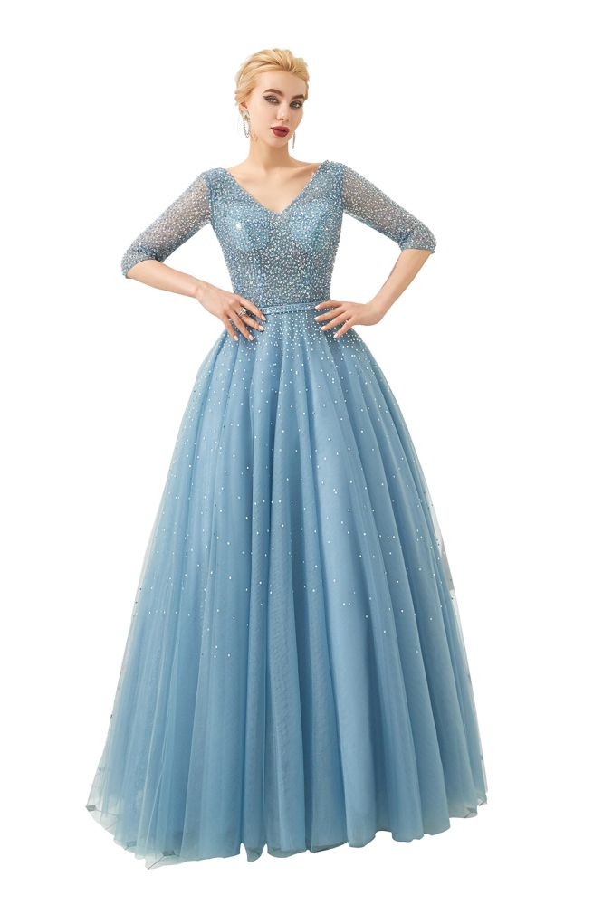 Robe de soirée longue en tulle à manches mi-longues, coupe évasée, col en V, ornée de perles, robe de bal