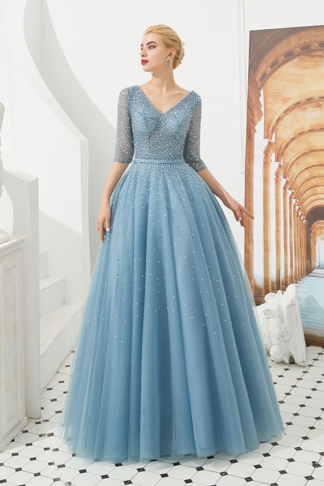 Robe de soirée longue en tulle à manches mi-longues, coupe évasée, col en V, ornée de perles, robe de bal