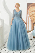 Robe de soirée longue en tulle à manches mi-longues, coupe évasée, col en V, ornée de perles, robe de bal