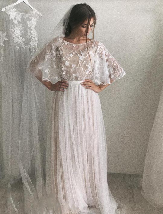 Vestidos de novia de media manga, corte A, elegantes, sencillos y románticos, de encaje.