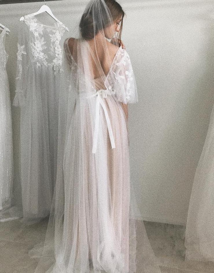 Vestidos de novia de media manga, corte A, elegantes, sencillos y románticos, de encaje.