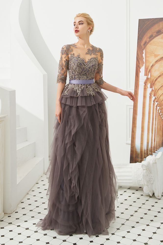 Vestido de fiesta de noche con media manga y encaje floral, largo hasta el suelo y piel