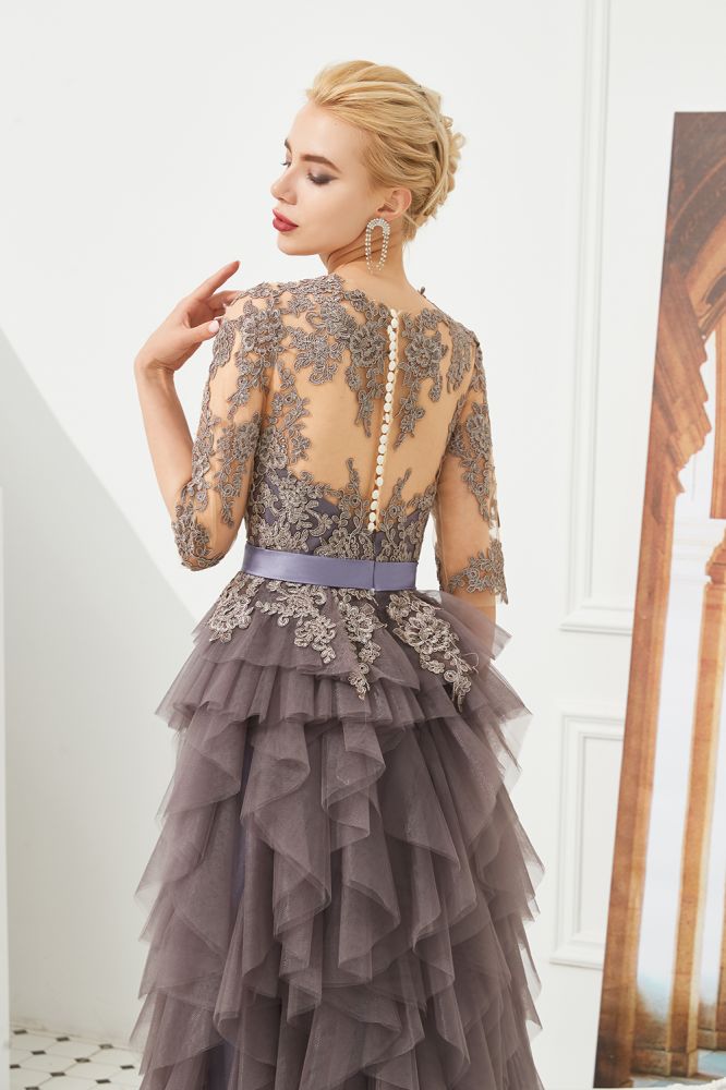 Vestido de fiesta de noche con media manga y encaje floral, largo hasta el suelo y piel
