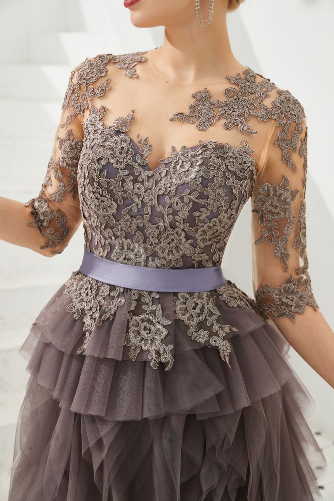 Vestido de fiesta de noche con media manga y encaje floral, largo hasta el suelo y piel