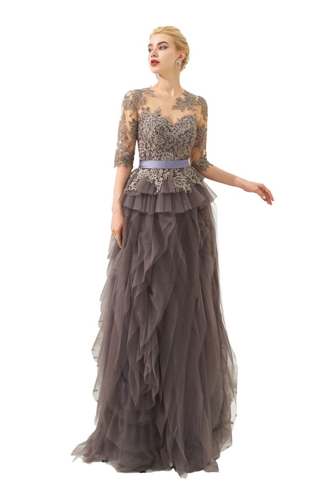 Vestido de fiesta de noche con media manga y encaje floral, largo hasta el suelo y piel