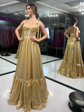 Halston | Robe longue formelle évasée à bretelles nouées en métal doré