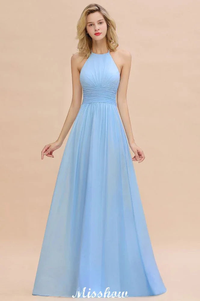 Halter Rückenfreies Strandjungfernkleid aus Chiffon für Gartenhochzeitsfeier