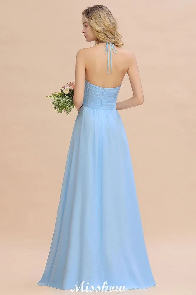 Halter Rückenfreies Strandjungfernkleid aus Chiffon für Gartenhochzeitsfeier