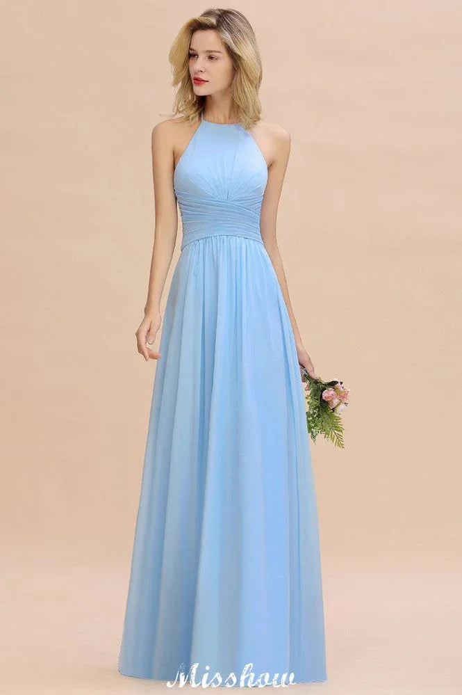 Halter Rückenfreies Strandjungfernkleid aus Chiffon für Gartenhochzeitsfeier