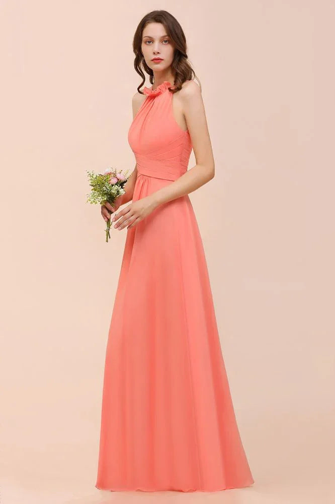 vestido de dama de honor de praia com alças para meninas coral comprimento até ao chão para festa de casamento