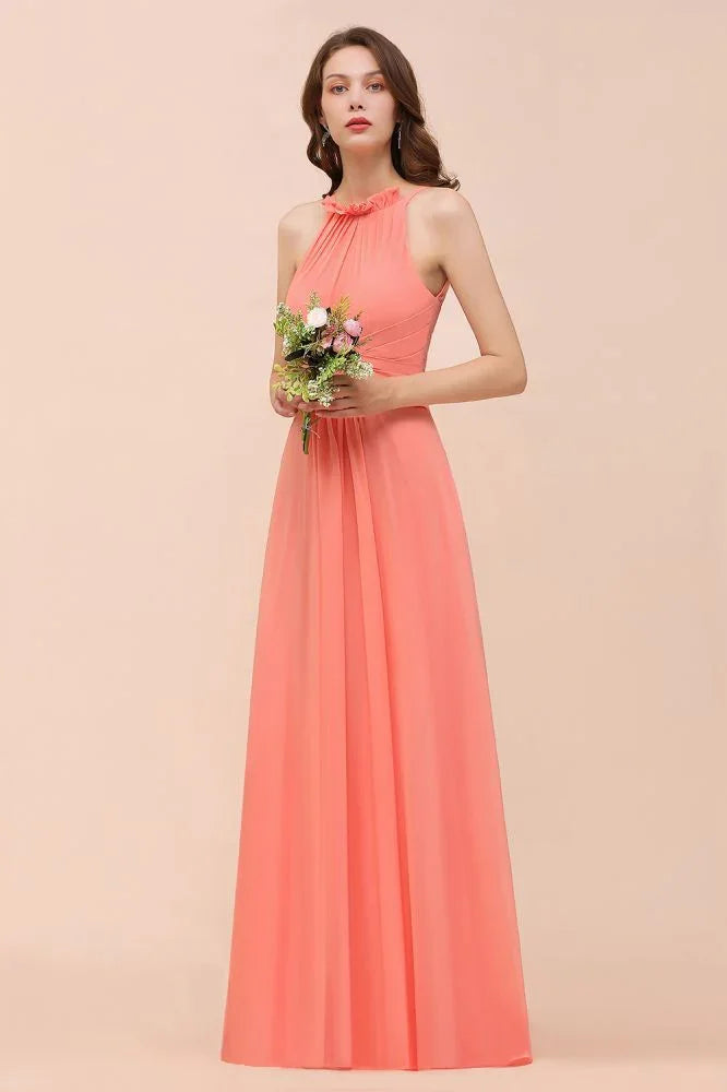 vestido de dama de honor de praia com alças para meninas coral comprimento até ao chão para festa de casamento