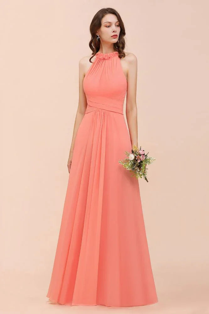vestido de dama de honor de praia com alças para meninas coral comprimento até ao chão para festa de casamento