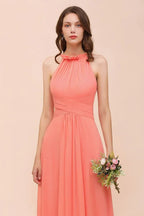 vestido de dama de honor de praia com alças para meninas coral comprimento até ao chão para festa de casamento