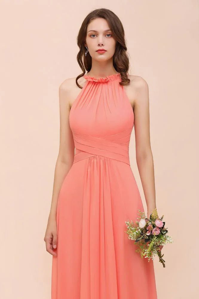 vestido de dama de honor de praia com alças para meninas coral comprimento até ao chão para festa de casamento
