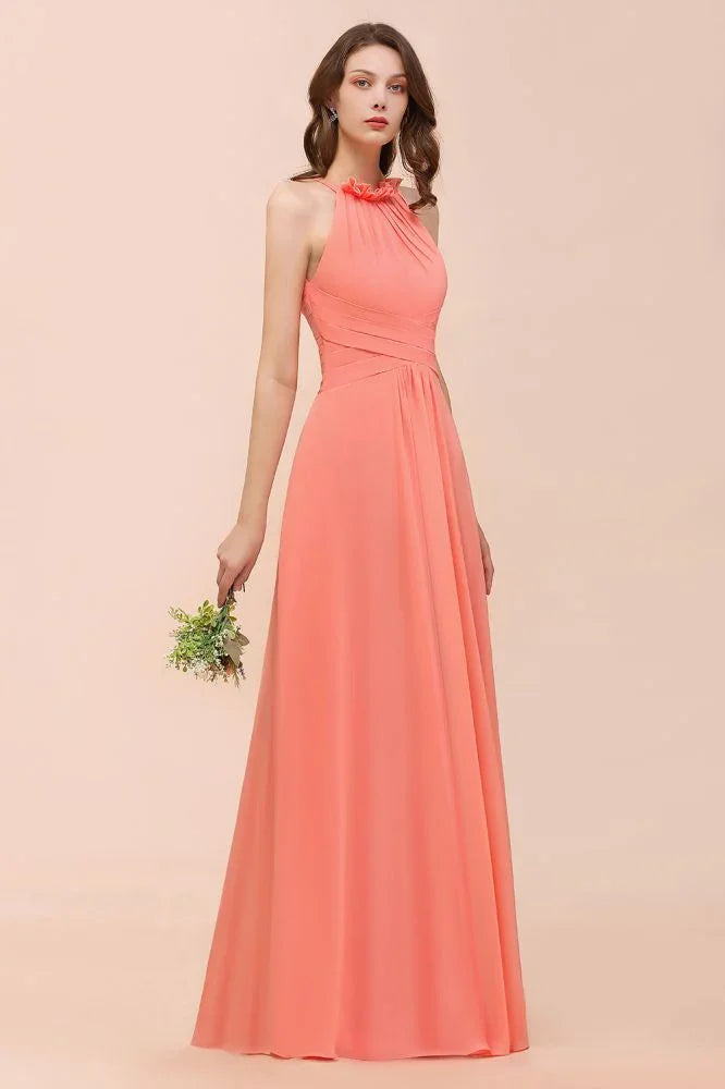 vestido de dama de honor de praia com alças para meninas coral comprimento até ao chão para festa de casamento