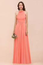 vestido de dama de honor de praia com alças para meninas coral comprimento até ao chão para festa de casamento