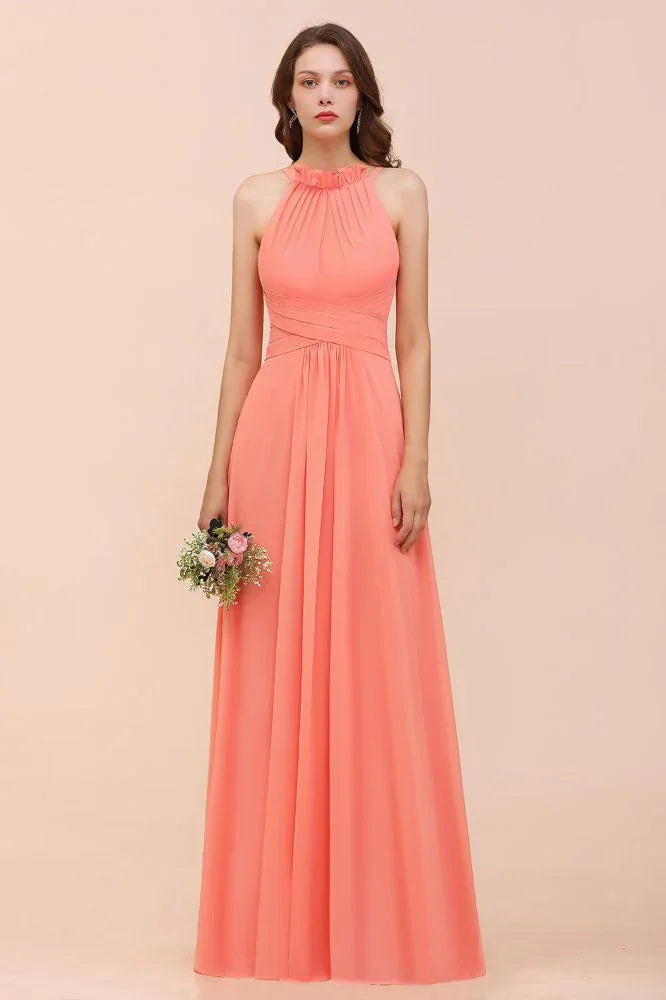 vestido de dama de honor de praia com alças para meninas coral comprimento até ao chão para festa de casamento