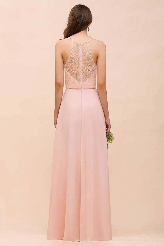 Halter Bridesmaid Dress Pink Floor Length Formal Event Dress